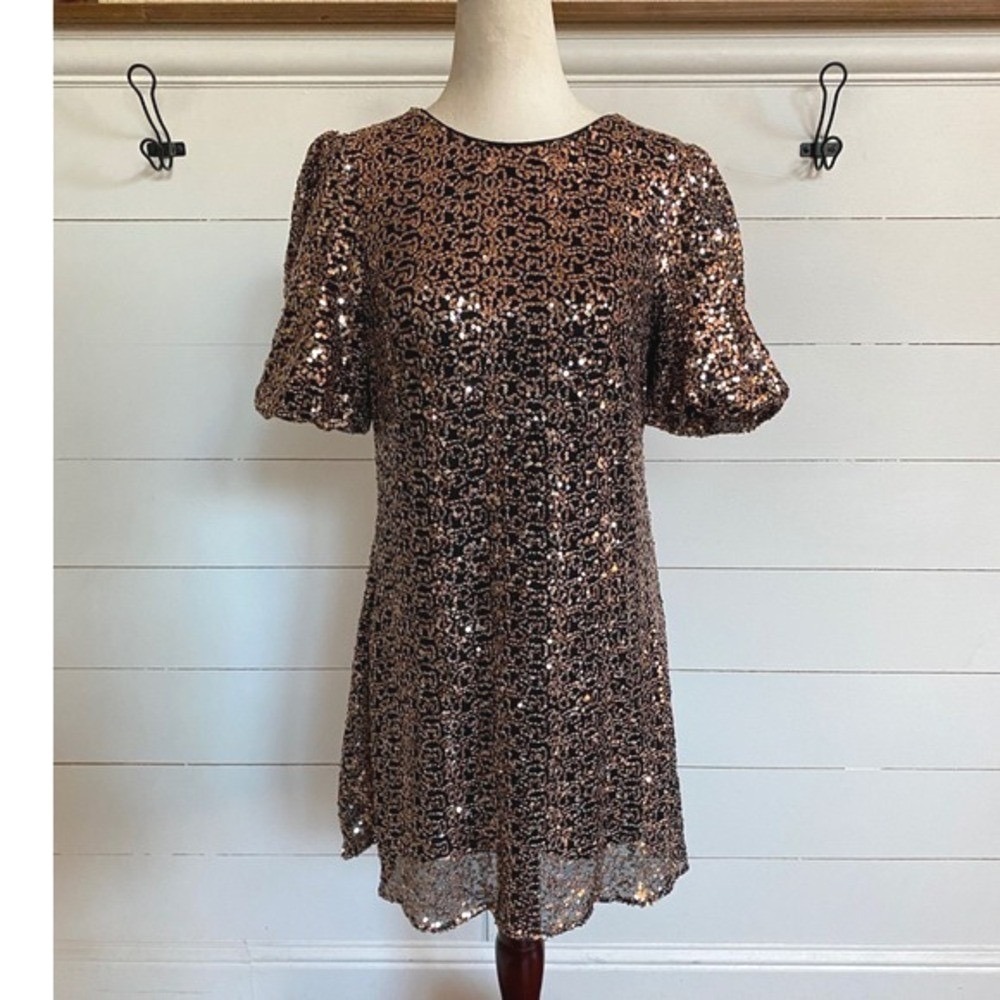 Eliza J Womens Bronze Black Sequin Puff Sleeve Shift Mini Dress Size 10